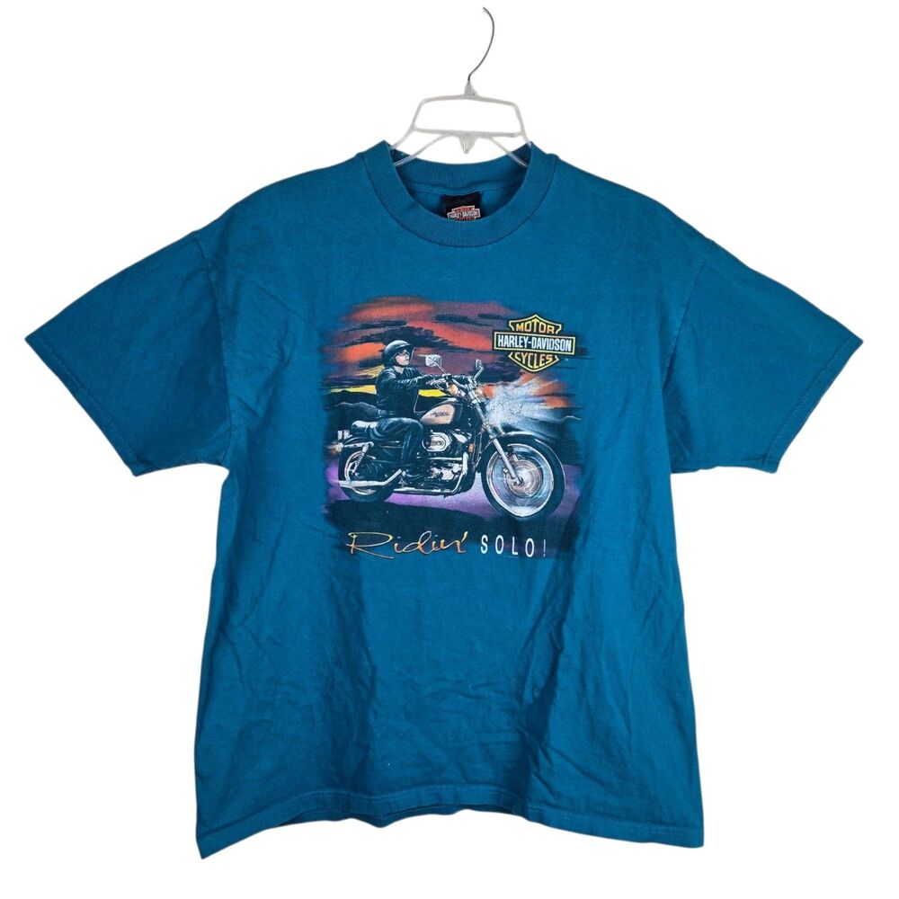 Vtg 90s Harley Davidson Ridin Solo Kansas City MO T-Shirt XL Blue Biker Grunge